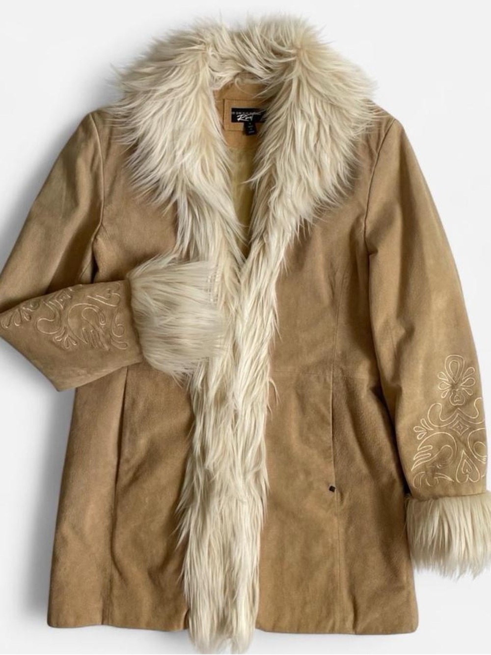 Y2k tan leather embroidered boho penny lane coat
